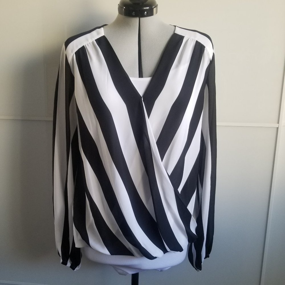 Black & White Striped Surplice Blouse INC